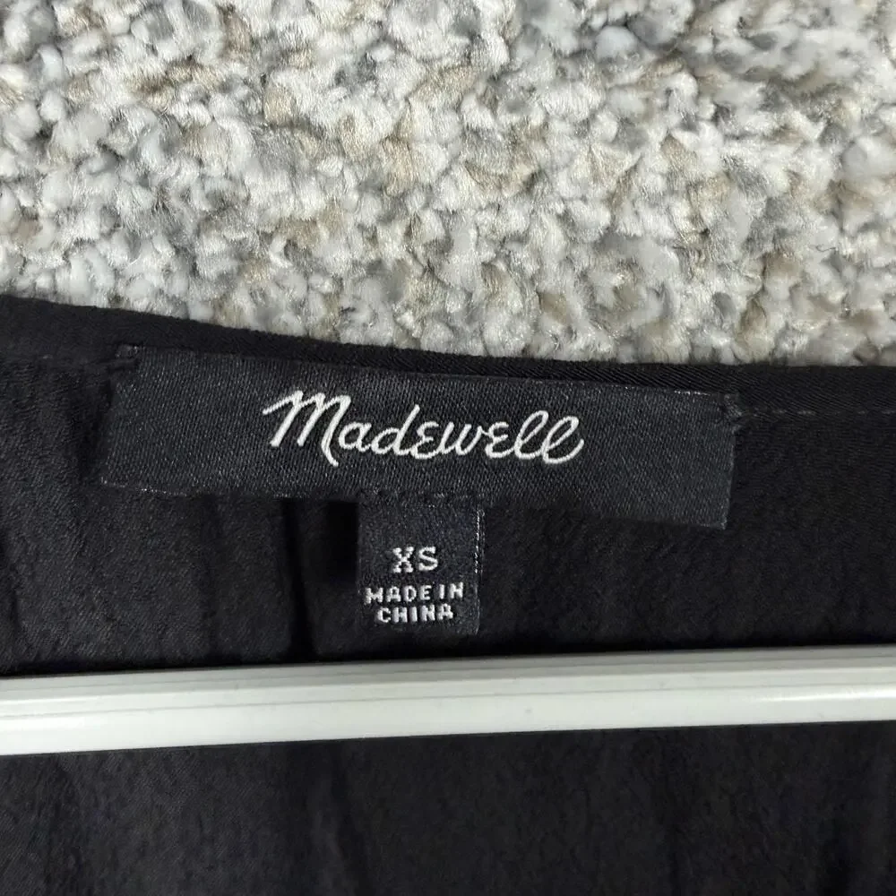 Madewell Blouse Womens XS Black V-Neck Puff Sleeve Ruffle Boho Chic Romantic